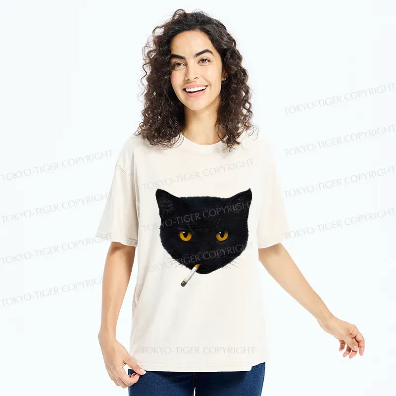 Tokyo-Tiger Smoking Cat Washed T-Shirt