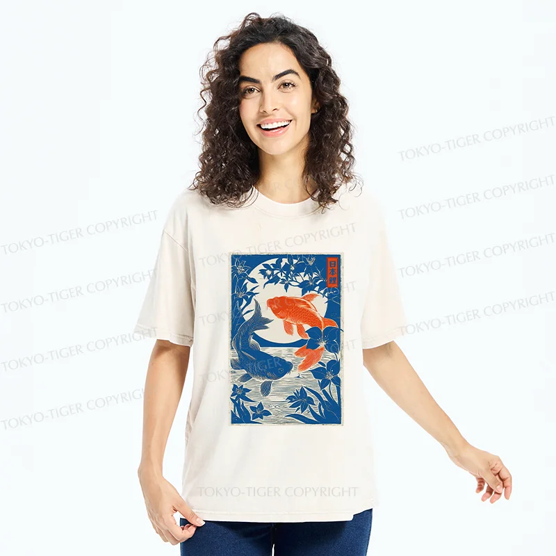 Tokyo-Tiger Woodcut Koi Washed T-Shirt