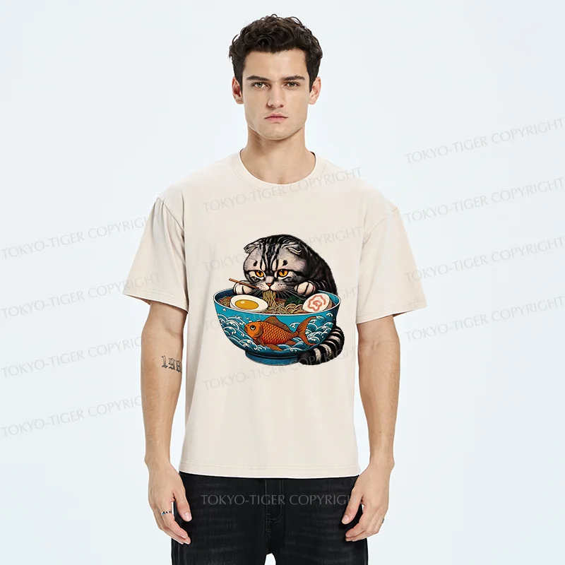 Tokyo-Tiger American Shorthair Cat Eating Ramen Washed T-Shirt