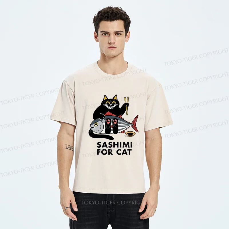 Tokyo-Tiger Black Cat Eating Sashimi Washed T-Shirt