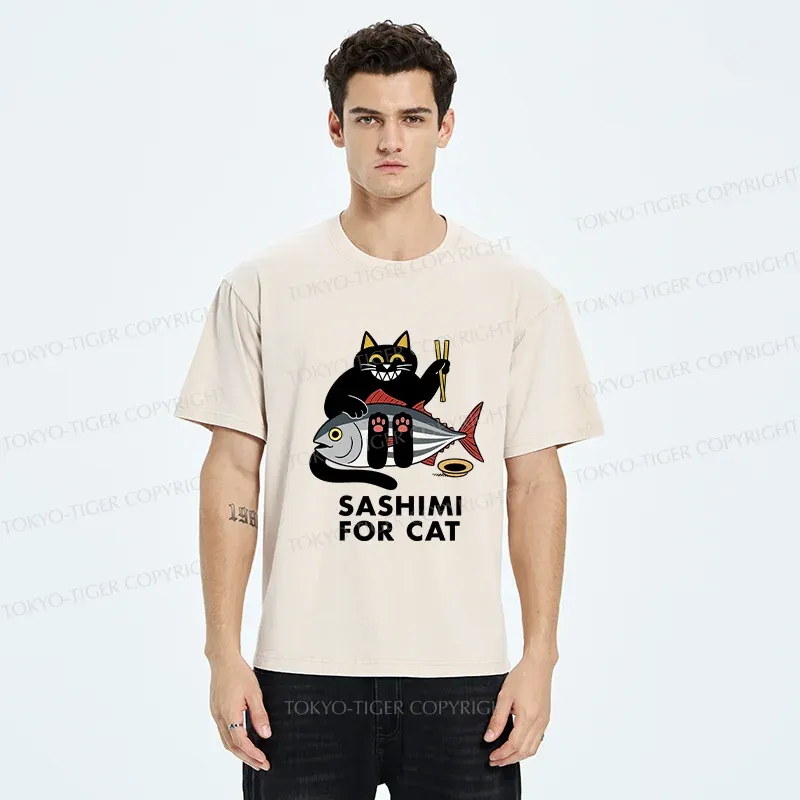 Tokyo-Tiger Black Cat Eating Sashimi Washed T-Shirt