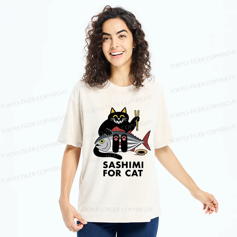 Tokyo-Tiger Black Cat Eating Sashimi Washed T-Shirt