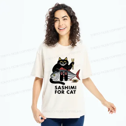 Tokyo-Tiger Black Cat Eating Sashimi Washed T-Shirt