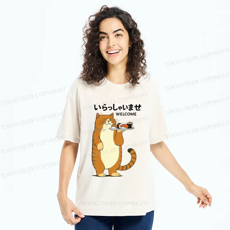 Tokyo-Tiger Cat Waiter Washed T-Shirt