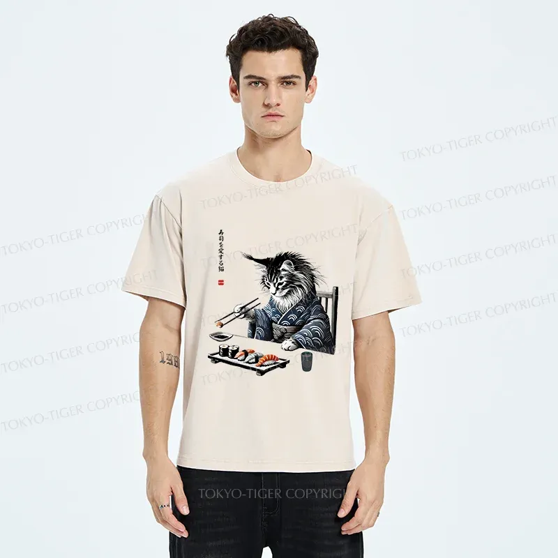 Tokyo-Tiger Cat Eating Sushi Japan Washed T-Shirt