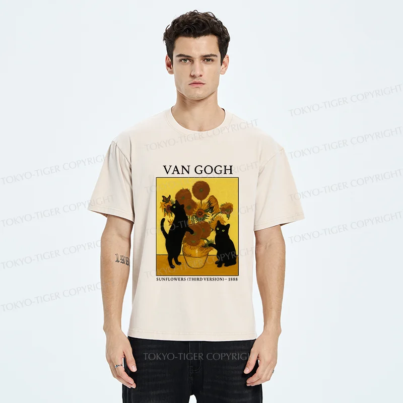 Tokyo-Tiger Sunflower And Cat Washed T-Shirt