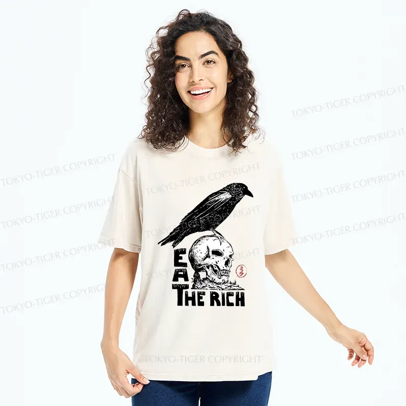 Tokyo-Tiger Crow Standing On Skull Washed T-Shirt