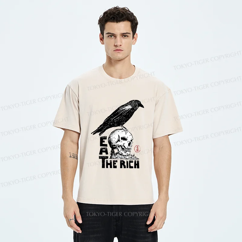 Tokyo-Tiger Crow Standing On Skull Washed T-Shirt