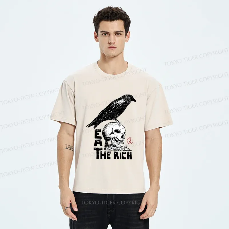 Tokyo-Tiger Crow Standing On Skull Washed T-Shirt