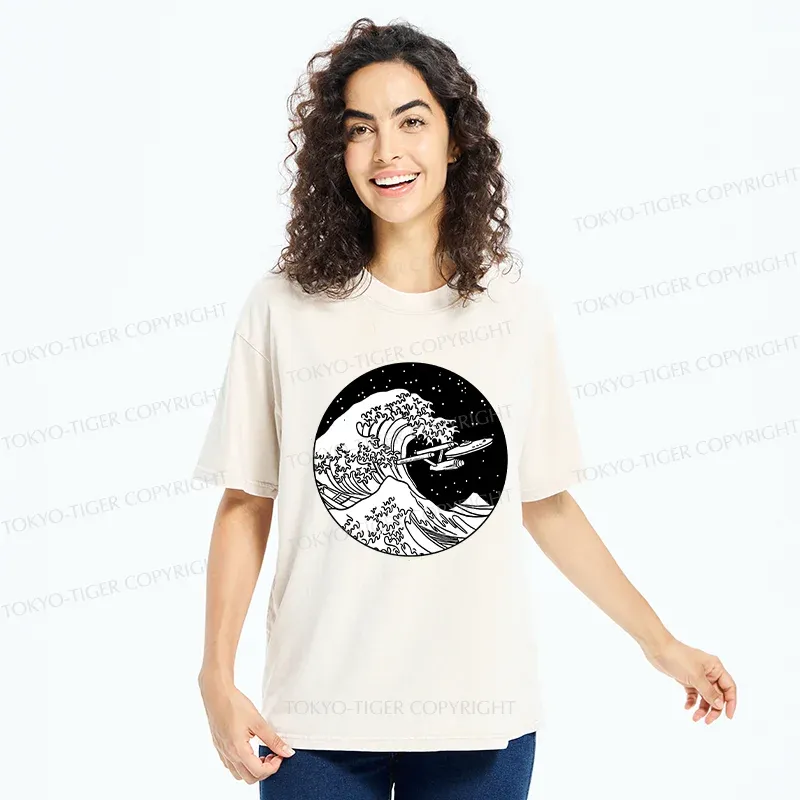 Tokyo-Tiger Waves and Spaceship Washed T-Shirt