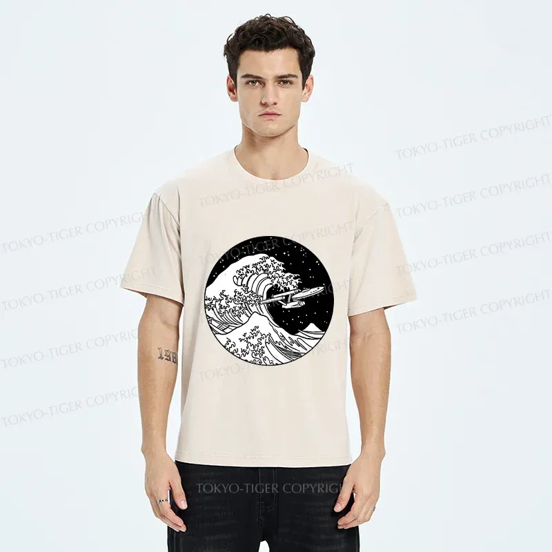 Tokyo-Tiger Waves and Spaceship Washed T-Shirt