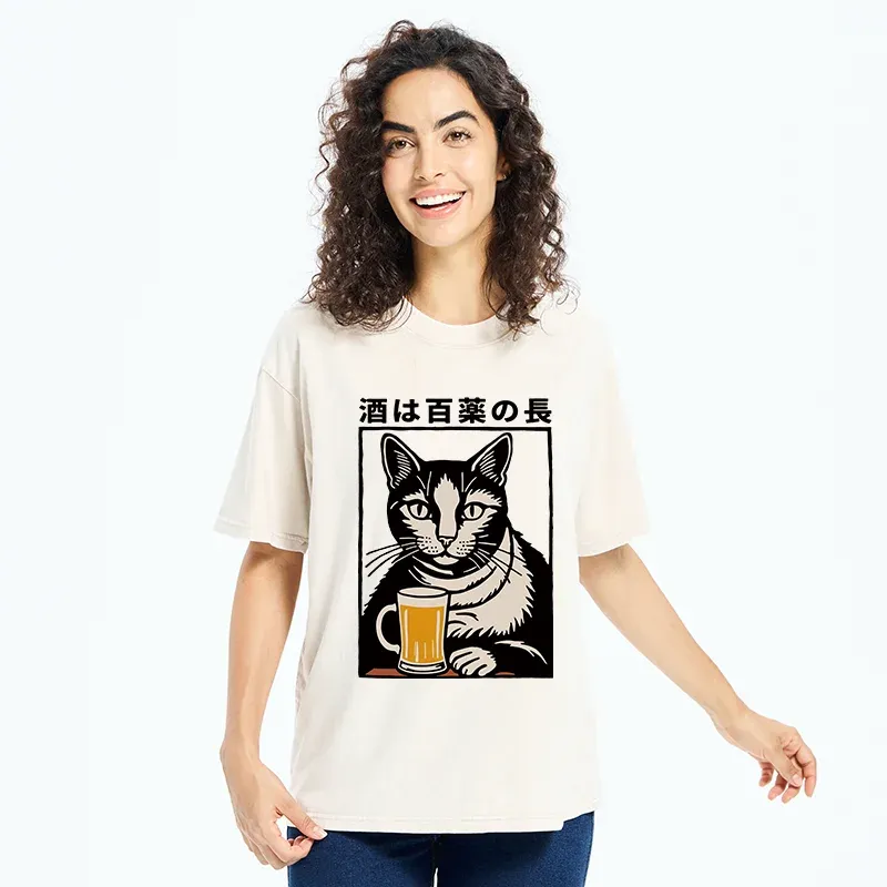Tokyo-Tiger Cat And Beer Japanese Washed T-Shirt