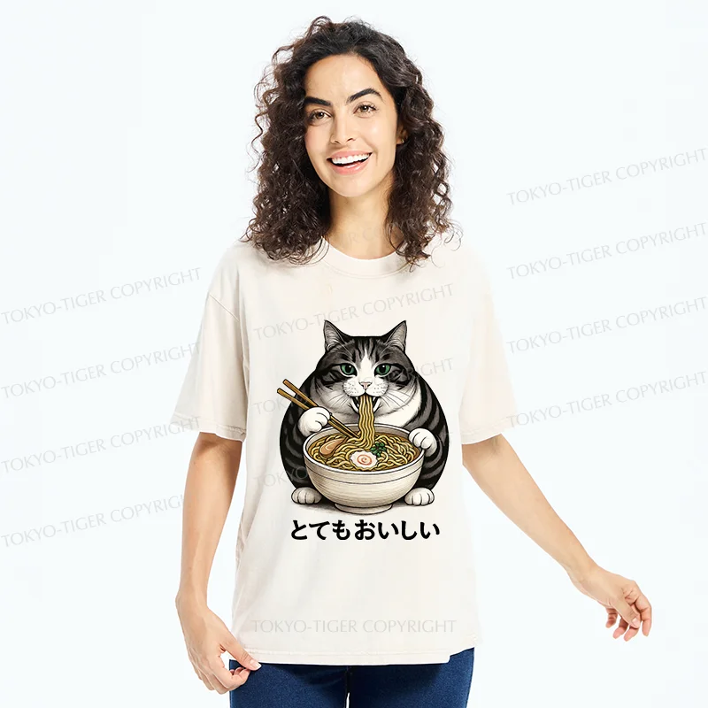 Tokyo-Tiger Fat Cat Eating Delicious Ramen Washed T-Shirt