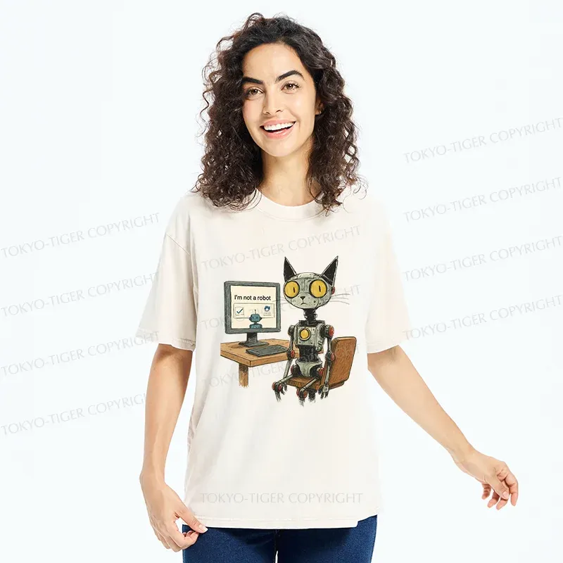 Tokyo-Tiger Robot Cat In Question Washed T-Shirt