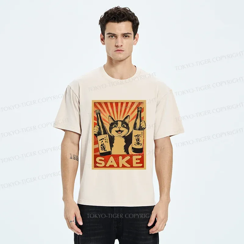 Tokyo-Tiger Cat Holding Wine Washed T-Shirt