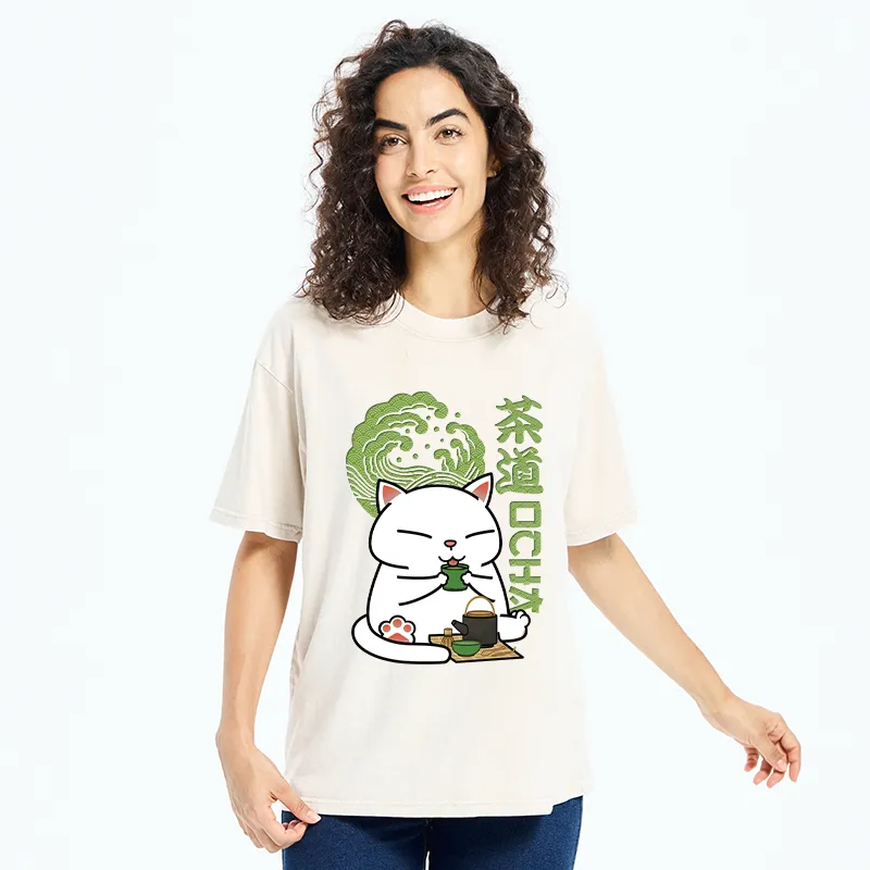 Tokyo-Tiger Cat Tasting Tea Washed T-Shirt