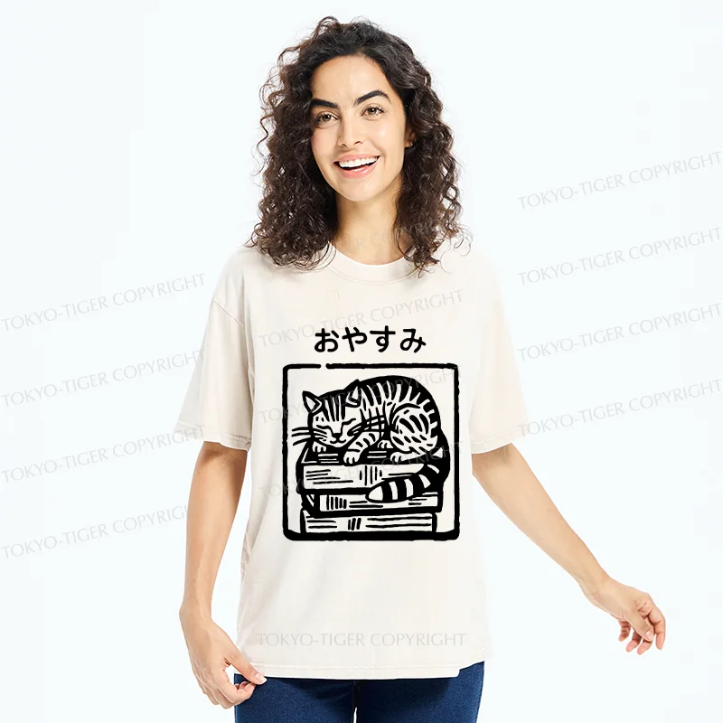 Tokyo-Tiger Cat Sleeping On The Bookshelf Washed T-Shirt