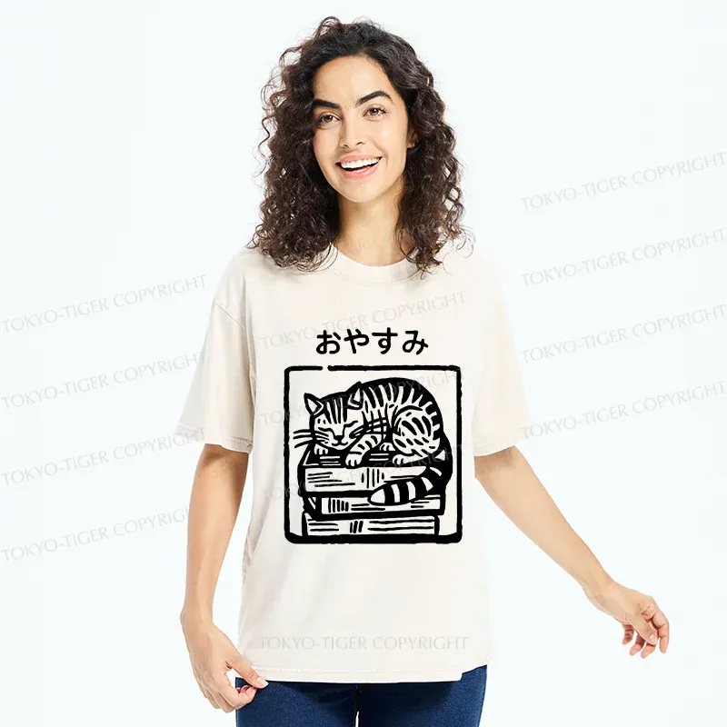 Tokyo-Tiger Cat Sleeping On The Bookshelf Washed T-Shirt