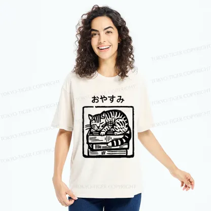 Tokyo-Tiger Cat Sleeping On The Bookshelf Washed T-Shirt