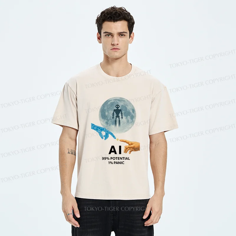 Tokyo-Tiger Future Of Humans And AI Washed T-Shirt