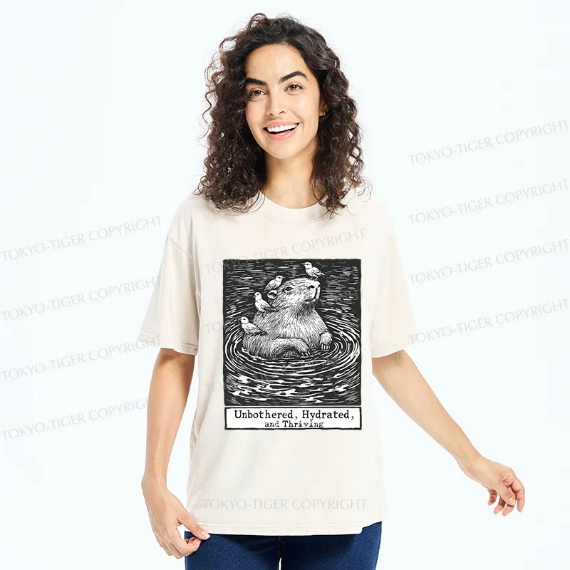 Tokyo-Tiger Capybara Taking A Bath Washed T-Shirt