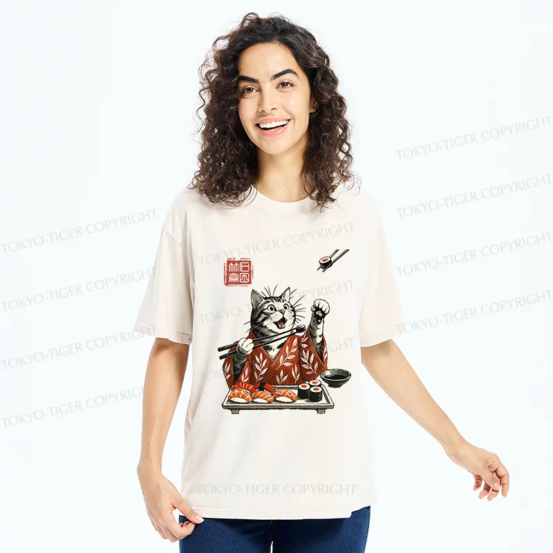 Tokyo-Tiger American Shorthair Cat Eating Sushi Washed T-Shirt