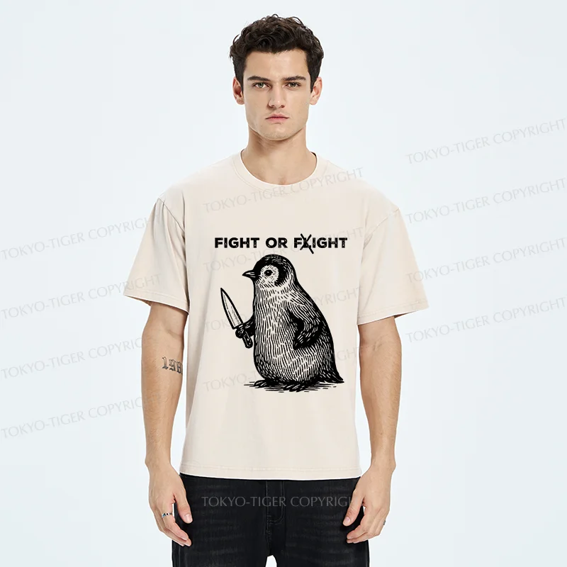 Tokyo-Tiger Funny Fight Or Flight Penguin Washed T-Shirt