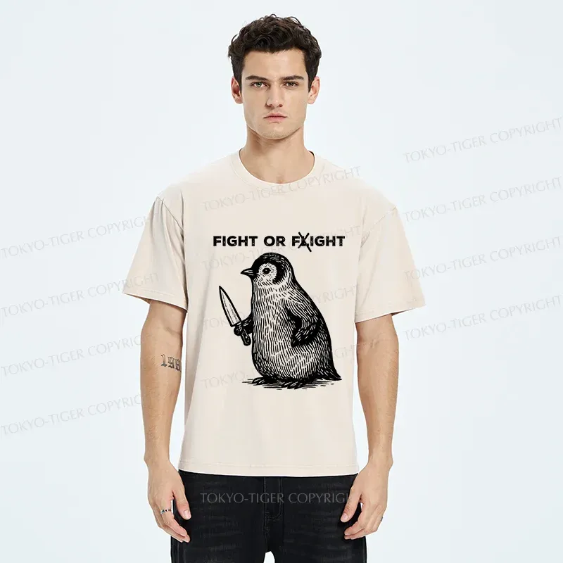 Tokyo-Tiger Funny Fight Or Flight Penguin Washed T-Shirt