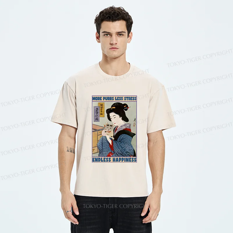 Tokyo-Tiger Geisha Teasing Cat Washed T-Shirt