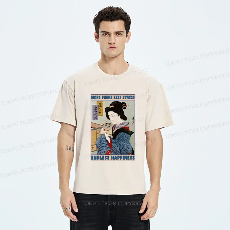Tokyo-Tiger Geisha Teasing Cat Washed T-Shirt