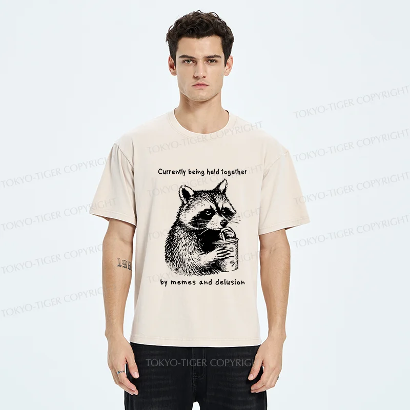 Tokyo-Tiger Raccoon Drinking Water Washed T-Shirt
