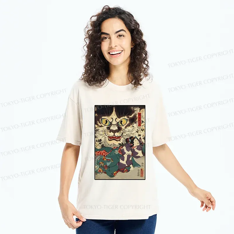 Tokyo-Tiger Japanese Cat Yokai Washed T-Shirt