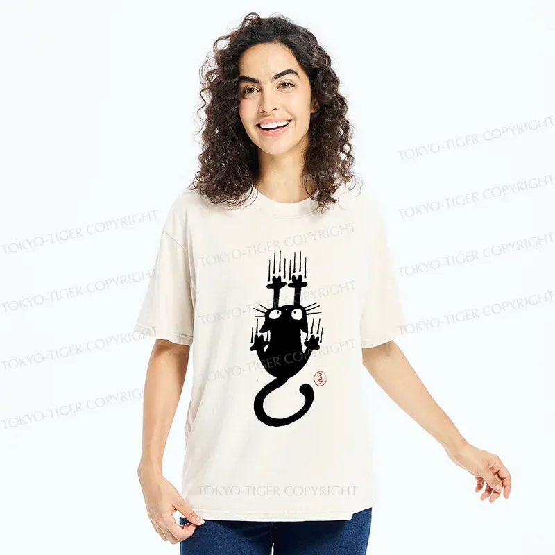 Tokyo-Tiger Climbing Black Cat Washed T-Shirt