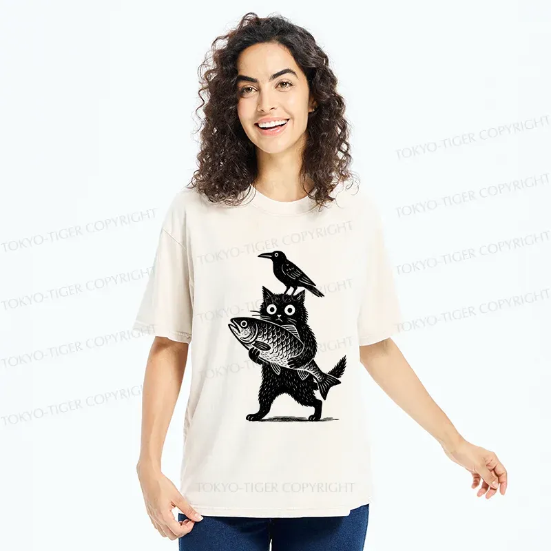 Tokyo-Tiger Black Animals Funny Washed T-Shirt