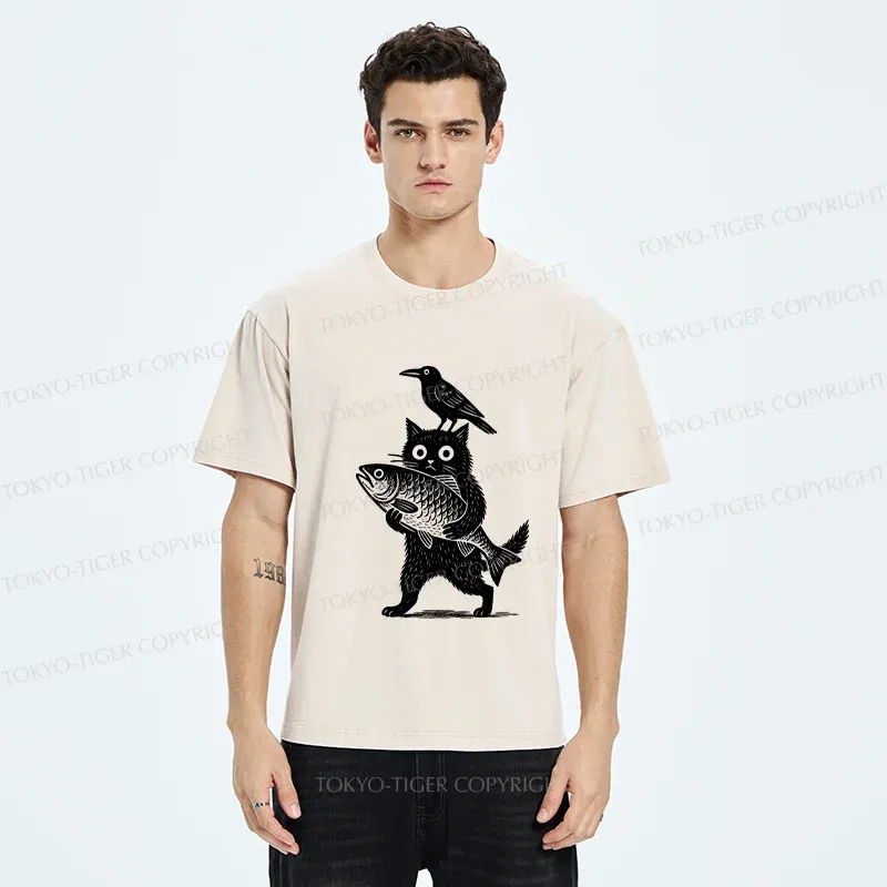 Tokyo-Tiger Black Animals Funny Washed T-Shirt