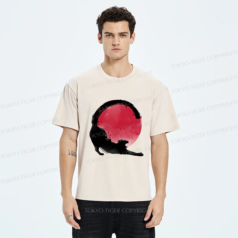 Tokyo-Tiger Black Cat Stretching Washed T-Shirt