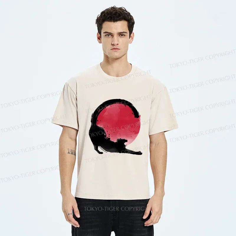 Tokyo-Tiger Black Cat Stretching Washed T-Shirt