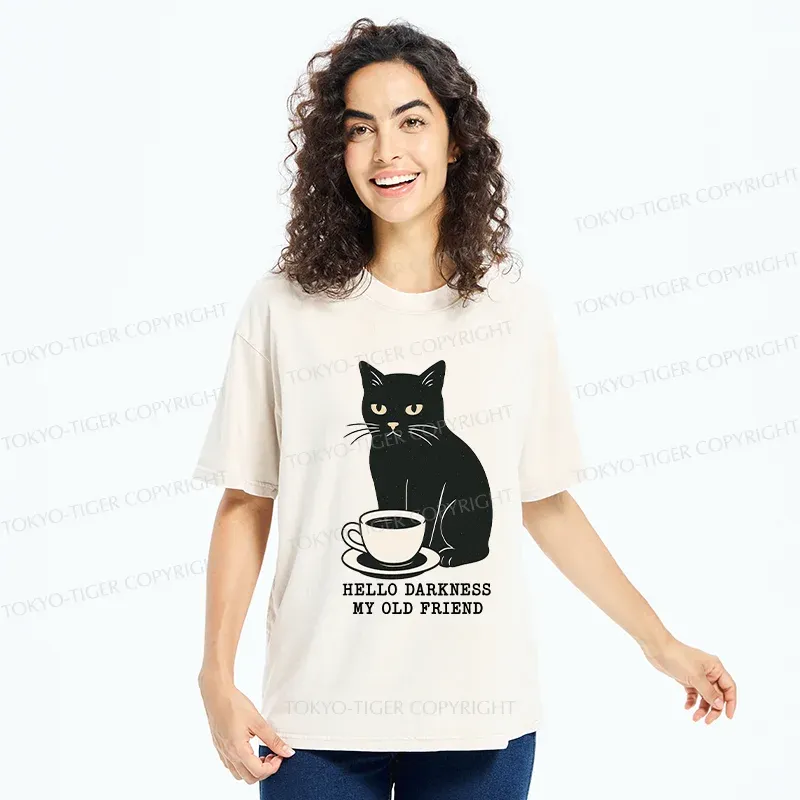 Tokyo-Tiger Black Cat Drinking Coffee Washed T-Shirt