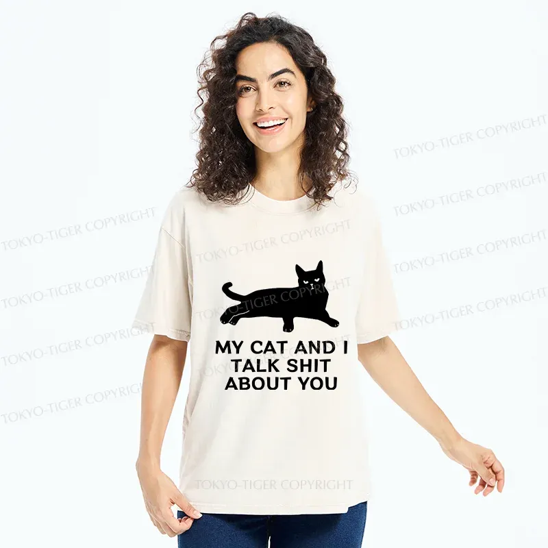 Tokyo-Tiger Gossiping Black Cat Washed T-Shirt