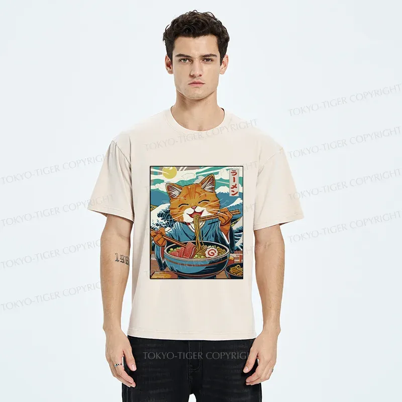 Tokyo-Tiger Orange Cat Eating Ramen Washed T-Shirt