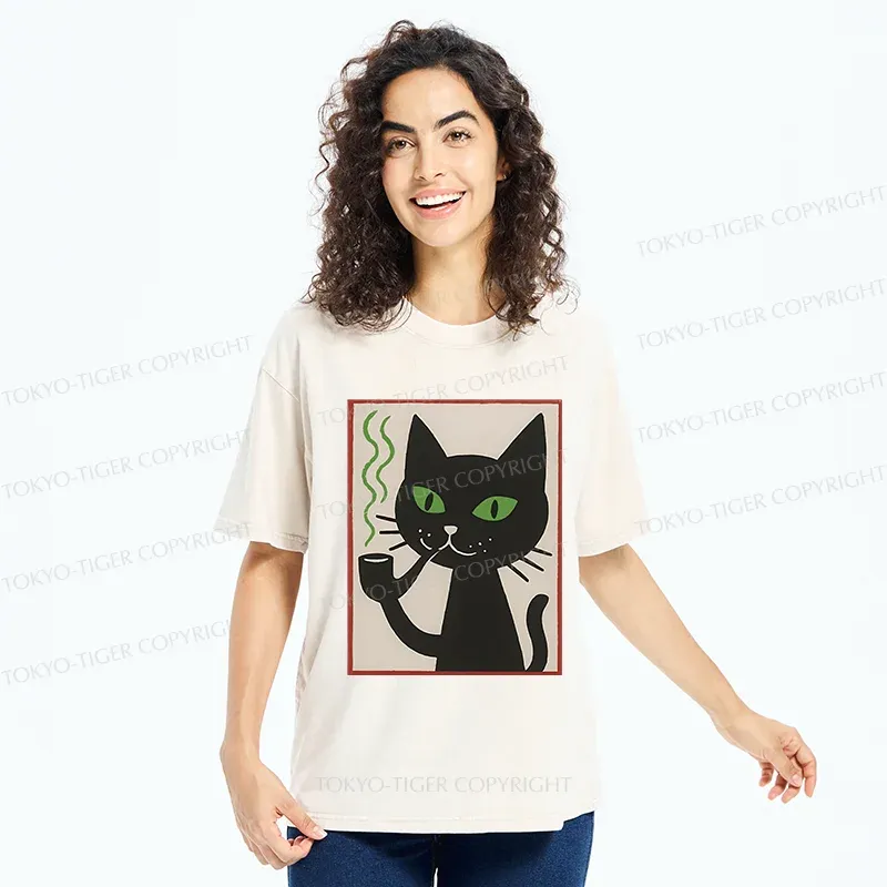 Tokyo-Tiger Black Cat Smoking Washed T-Shirt