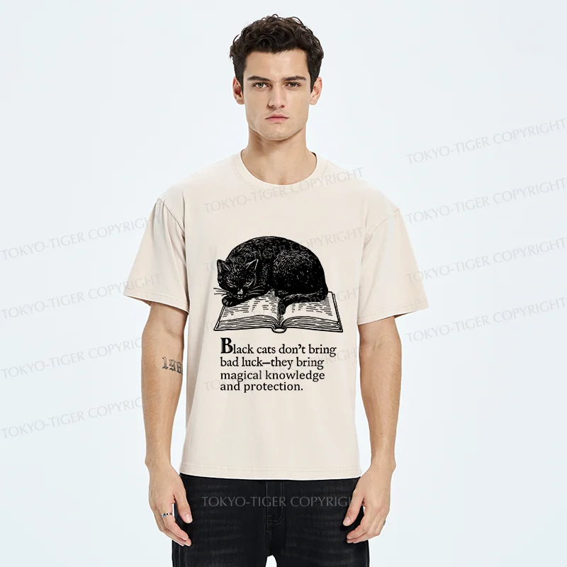 Tokyo-Tiger Black Cat Sleeping On A Book Washed T-Shirt