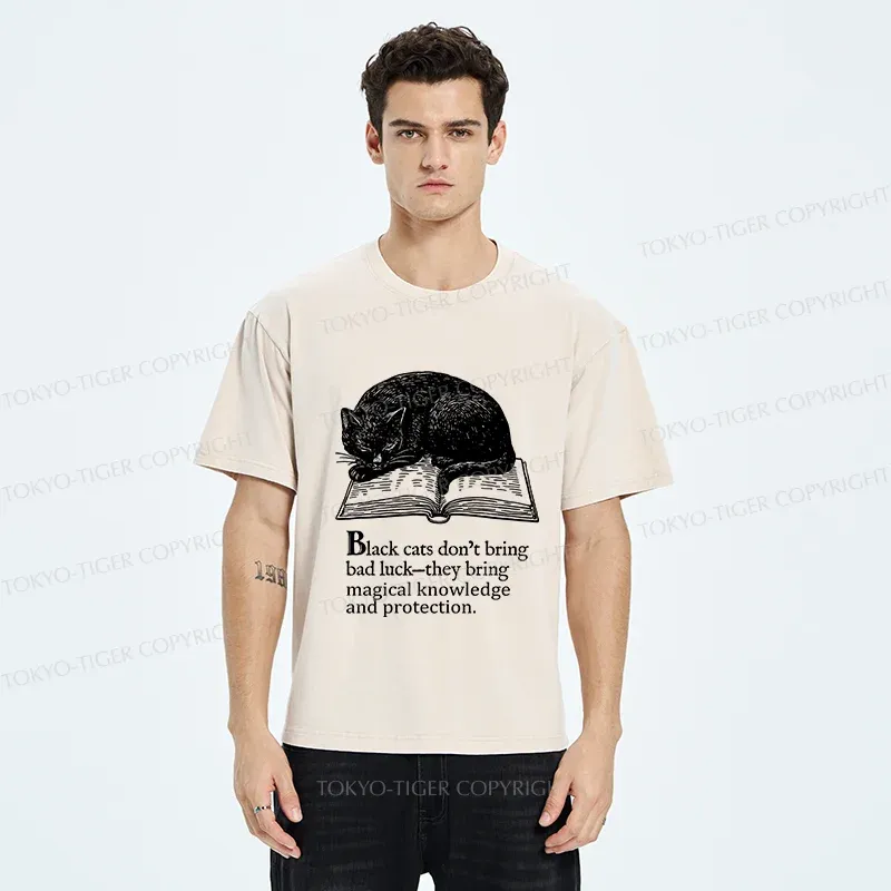 Tokyo-Tiger Black Cat Sleeping On A Book Washed T-Shirt