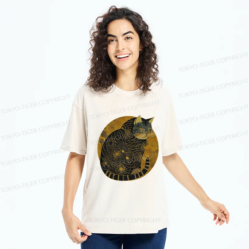 Tokyo-Tiger Japanese Retro Cat Washed T-Shirt