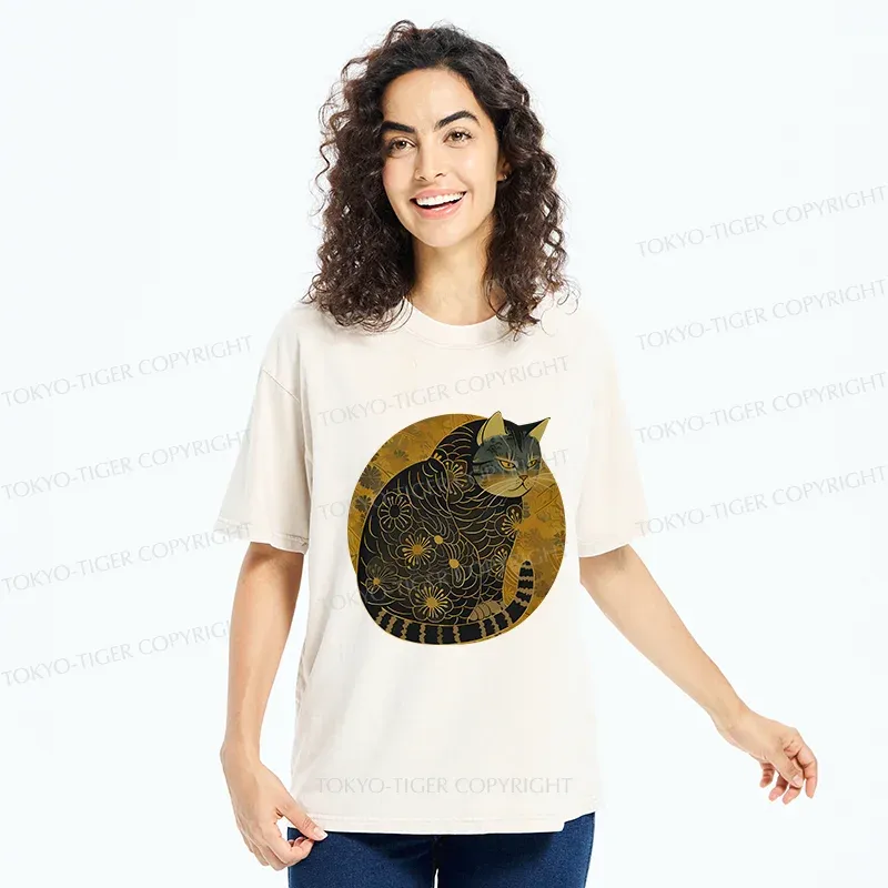 Tokyo-Tiger Japanese Retro Cat Washed T-Shirt