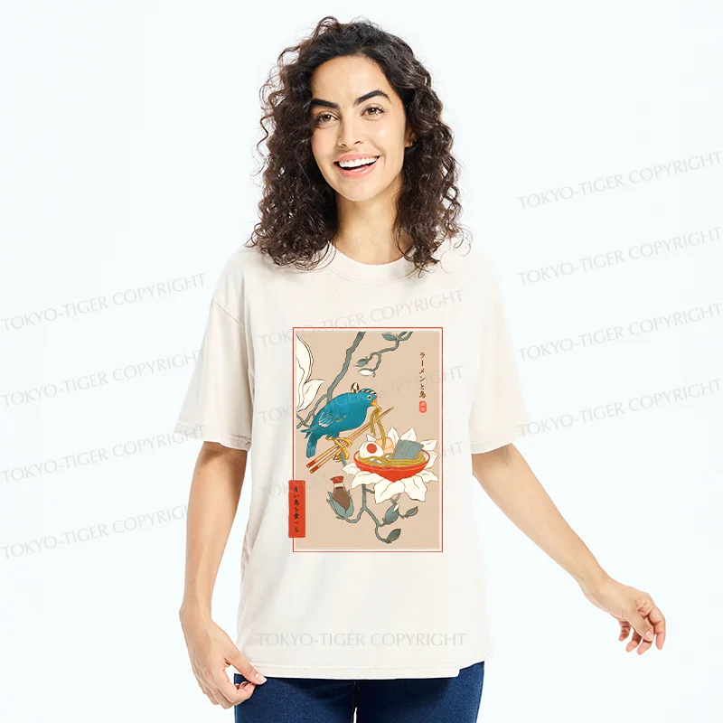 Tokyo-Tiger Bird Eating Ramen Washed T-Shirt