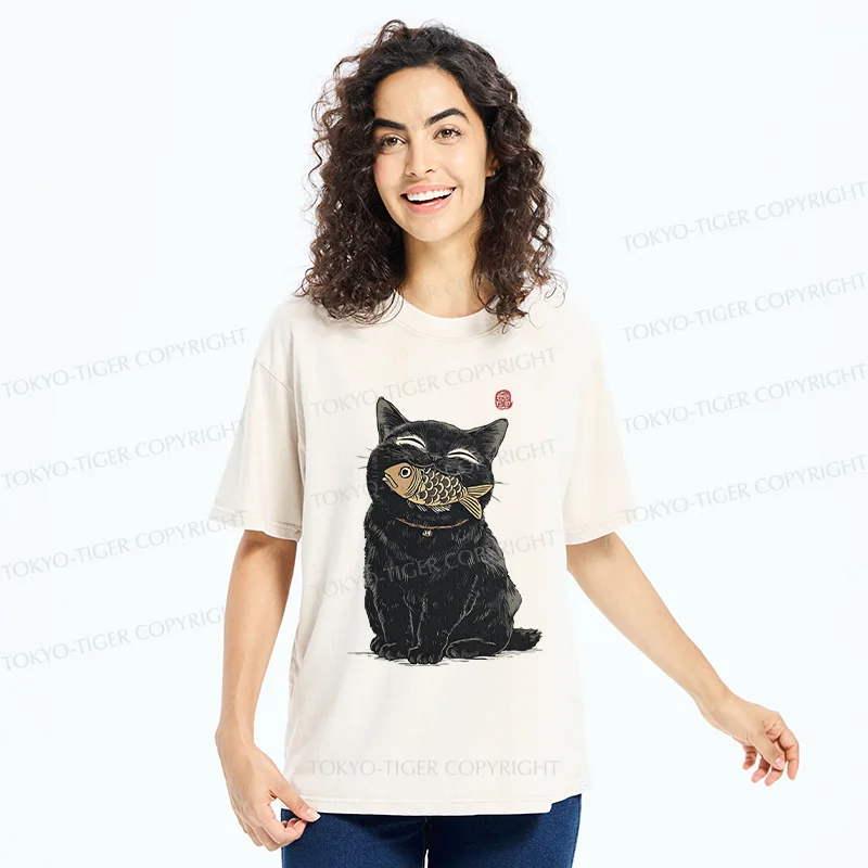Tokyo-Tiger Happy Black Cat Washed T-Shirt