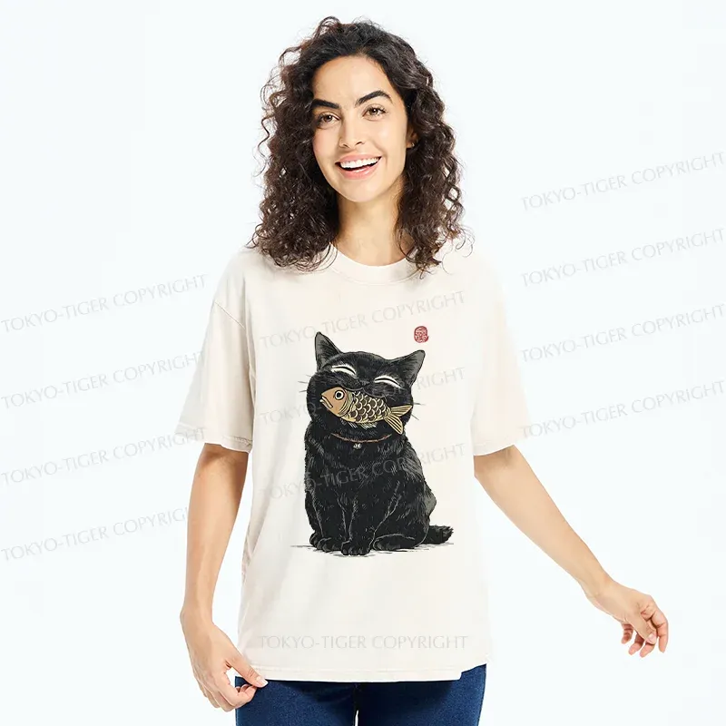 Tokyo-Tiger Happy Black Cat Washed T-Shirt