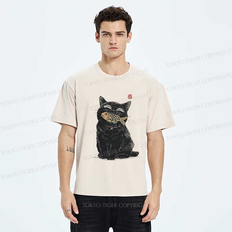Tokyo-Tiger Happy Black Cat Washed T-Shirt