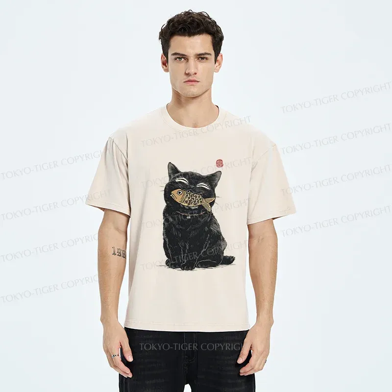 Tokyo-Tiger Happy Black Cat Washed T-Shirt